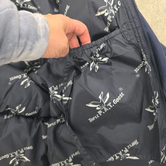 VTG Triple F.A.T. Goose Down Filled Parka Jacket Blue Removable Hood 1990's L - Picture 8 of 15